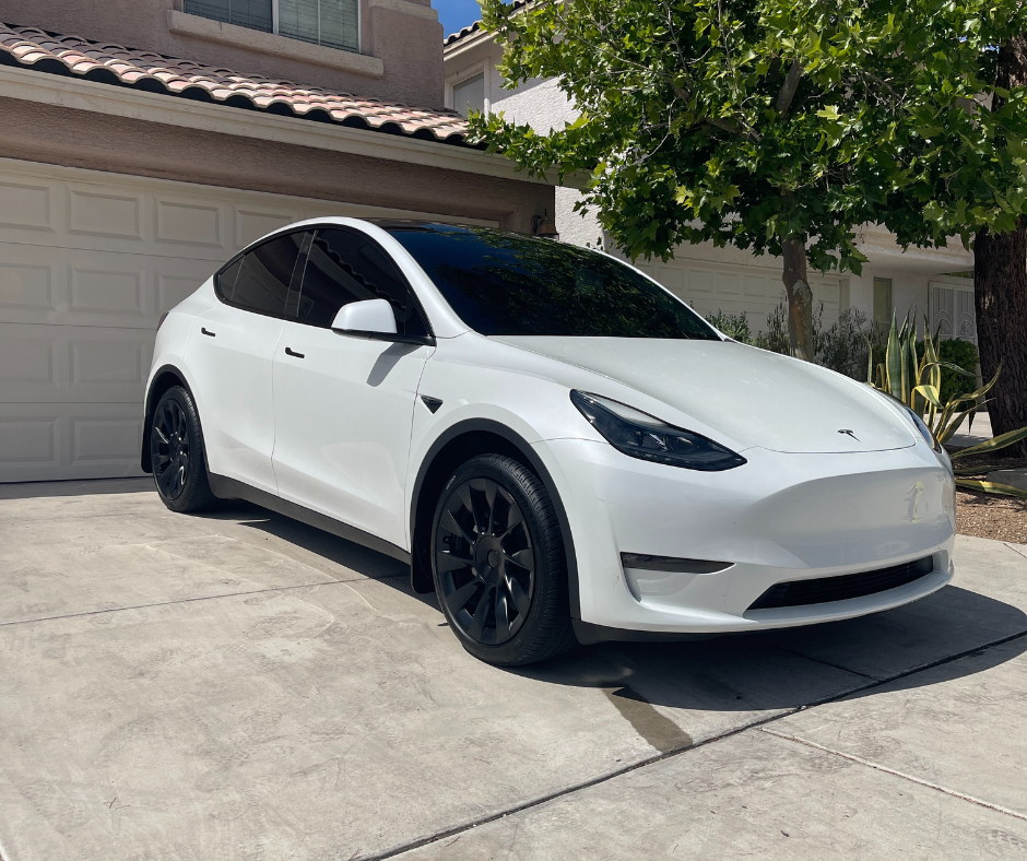 White Tesla Model Y after mobile detailing service
